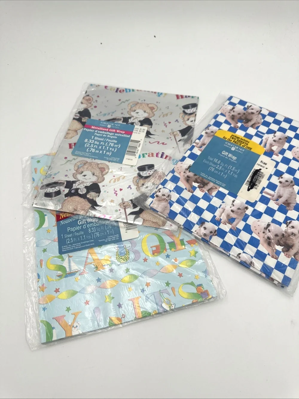 3 Vintage Forget Me Not Gift Wrap Packs Puppy, Bears And It’s A Boy